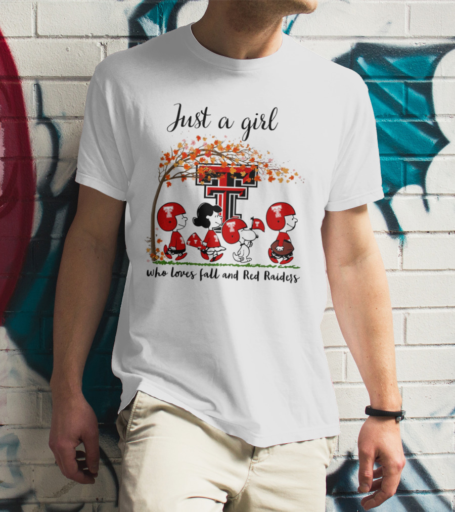 Just A Girl Who Loves Fall And Red Raiders Peanuts Cartoon Football Fans T-Shirt