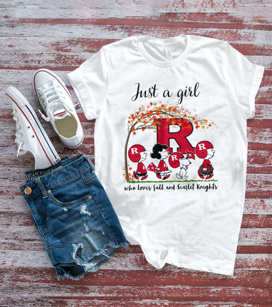 Just A Girl Who Loves Fall Scarlet Knights Peanuts Cartoon T-Shirt