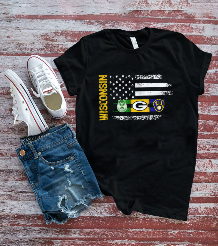 Wisconsin Flag American Sports Green Bay Packers Milwaukee Bucks Milwaukee Brewers T-Shirt