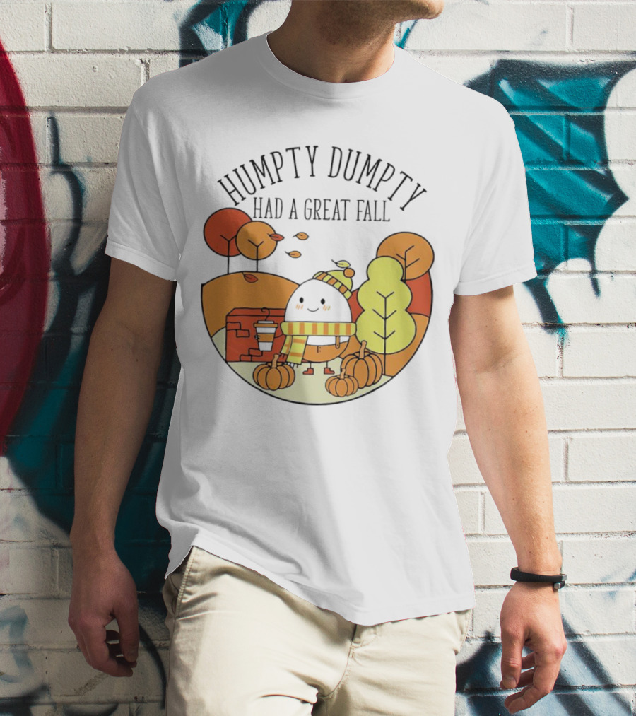 Humpty Dumpty Had A Great Fall Autumn Leaves Pumpkin Scarf Cafe Scene T-Shirt