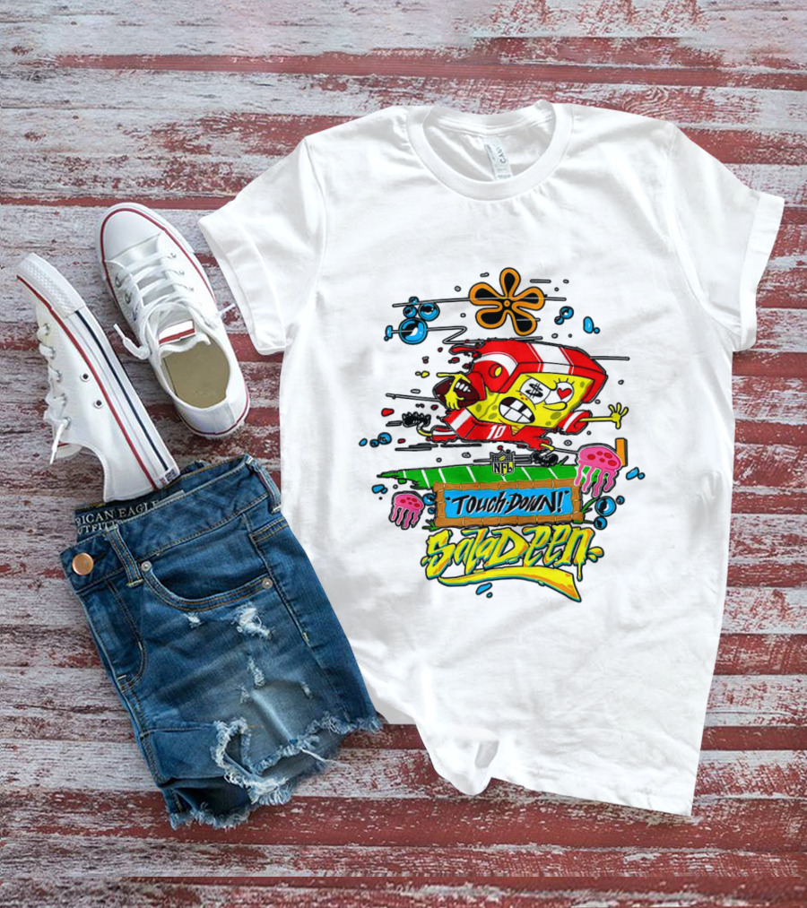 NFL Junk Food SpongeBob X King Saladeen Touchdown Saladeen Graffiti Art Football Character Burst T-Shirt