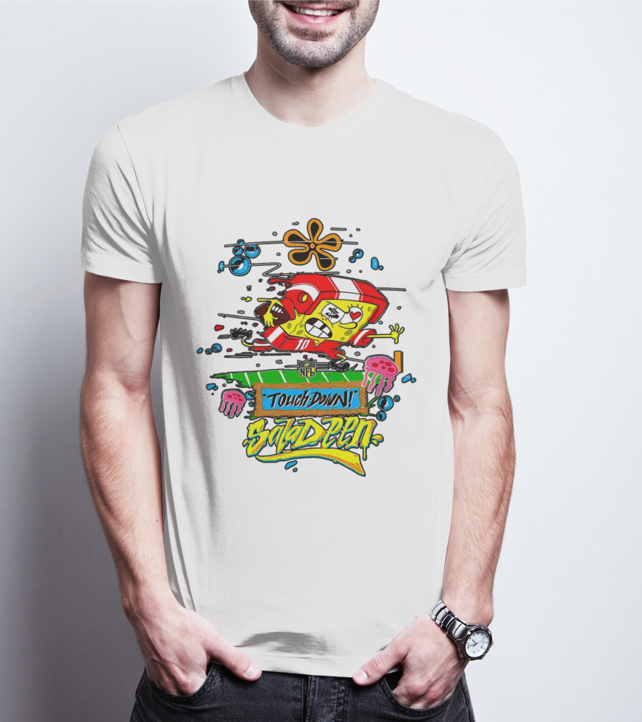 NFL Junk Food SpongeBob X King Saladeen Touchdown Saladeen Graffiti Art Football Character Burst T-Shirt