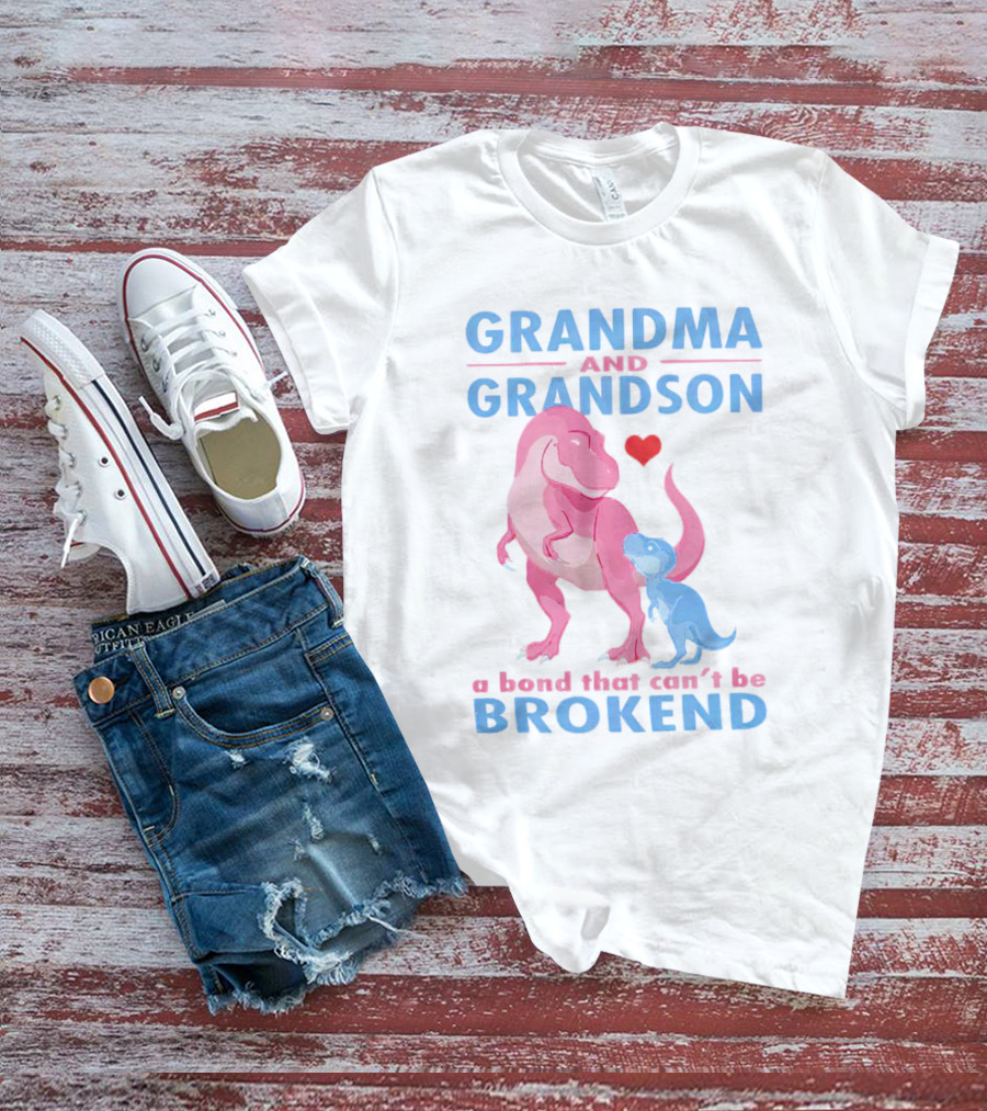 Grandma And Grandson A Bond That Can't Be Broken With Pink And Blue Dinosaurs And Heart T-Shirt