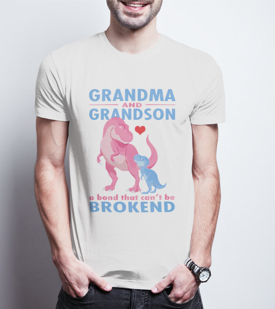 Grandma And Grandson A Bond That Can't Be Broken With Pink And Blue Dinosaurs And Heart T-Shirt