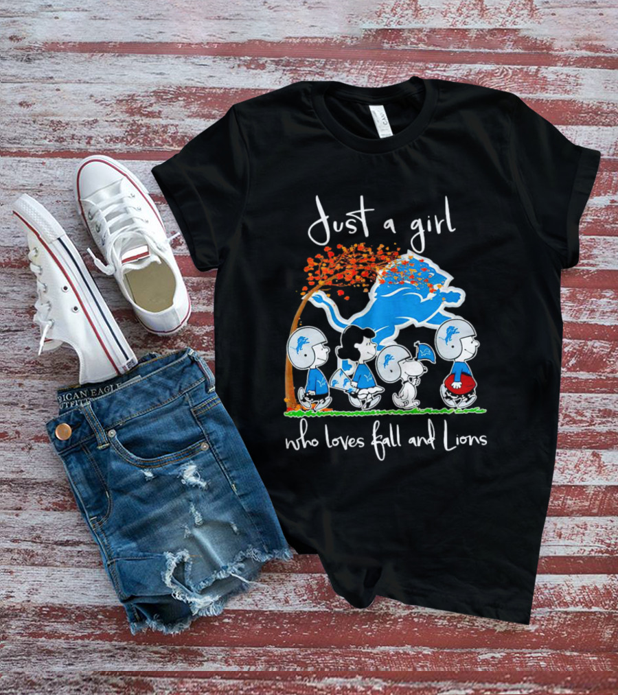 Snoopy Peanuts Just A Girl Who Loves Fall And Detroit Lions Football T-Shirt
