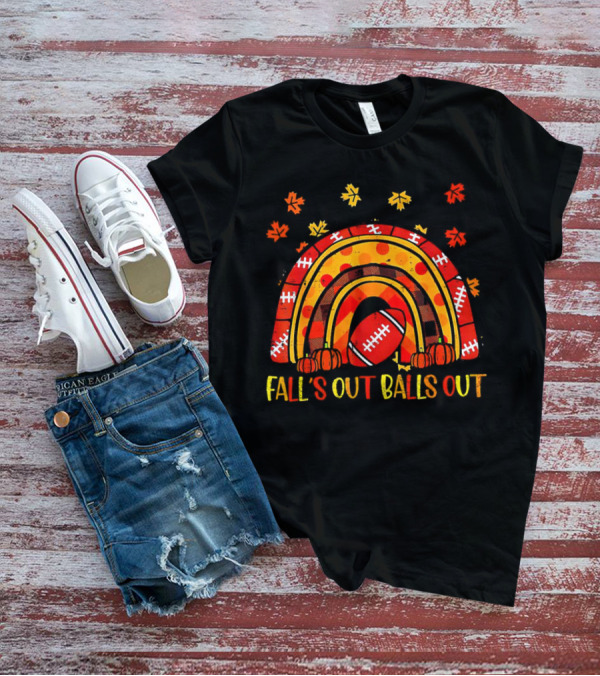Fall's Out Balls Out Rainbow American Football Autumn Leaves T-Shirt