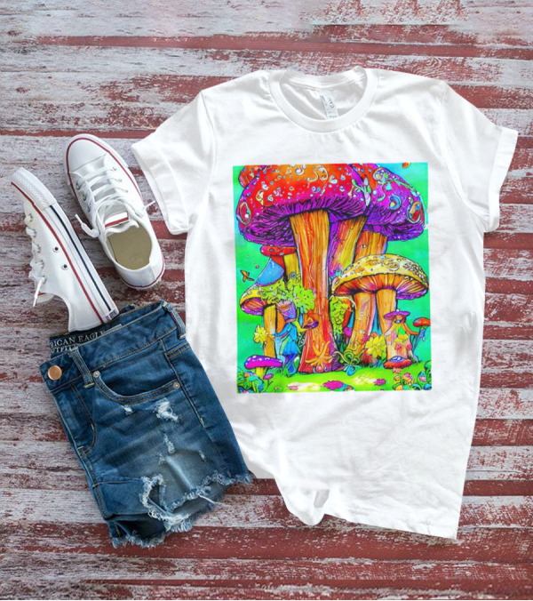 Multi Color Psychedelic Forest Mushrooms Fantasy T-Shirt