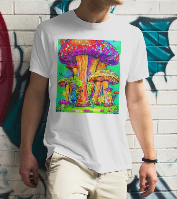 Multi Color Psychedelic Forest Mushrooms Fantasy T-Shirt