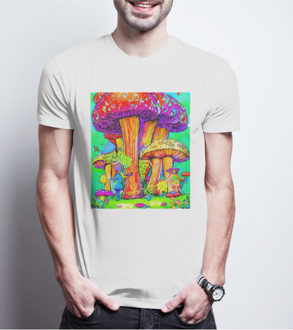 Multi Color Psychedelic Forest Mushrooms Fantasy T-Shirt