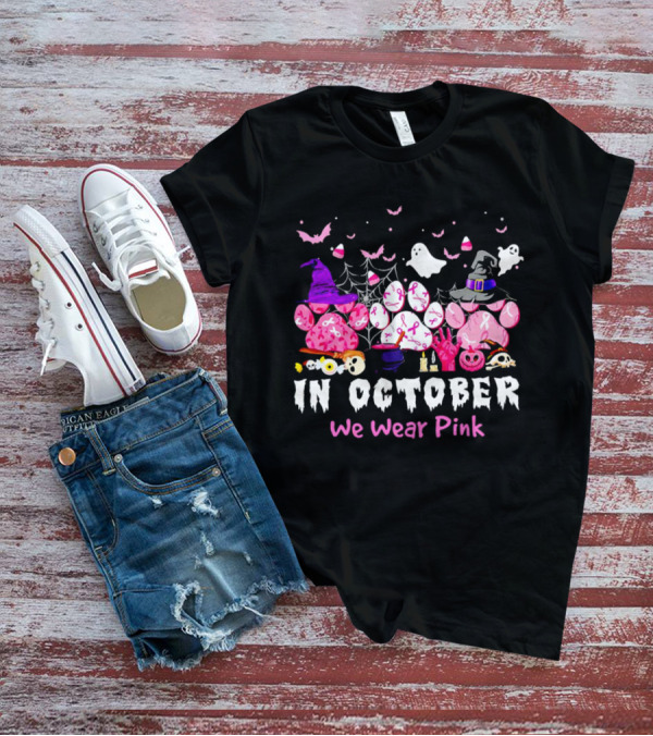 In October We Wear Pink Halloween Dog Paws Ghost Witch Hat T-Shirt