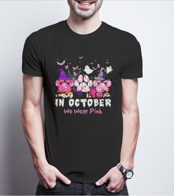 In October We Wear Pink Halloween Dog Paws Ghost Witch Hat T-Shirt
