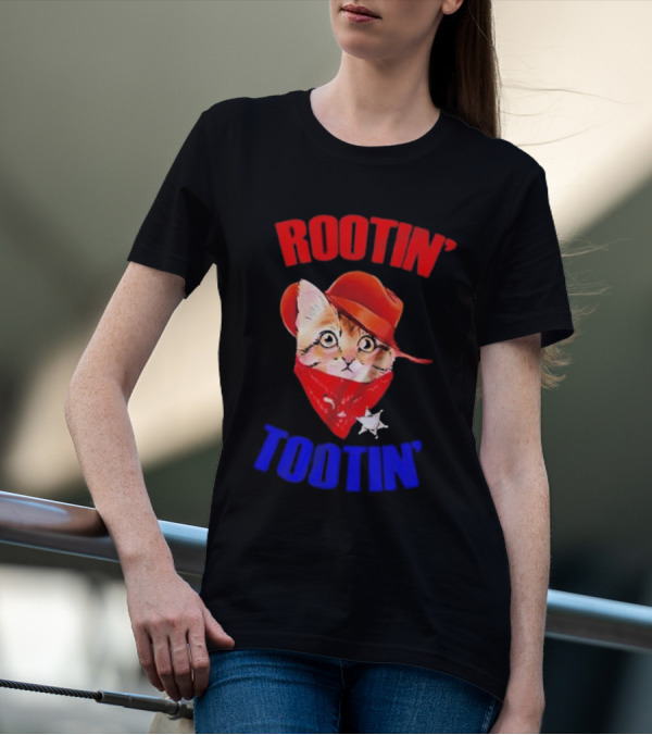 Rootin Tootin Cat Cowboy Vintage Red Hat And Bandana With Sheriff Star T-Shirt
