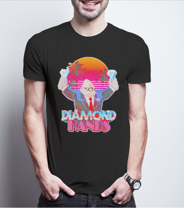 Diamond Hands Gorilla In Suit With Dollars And Vintage Sunset Background T-Shirt
