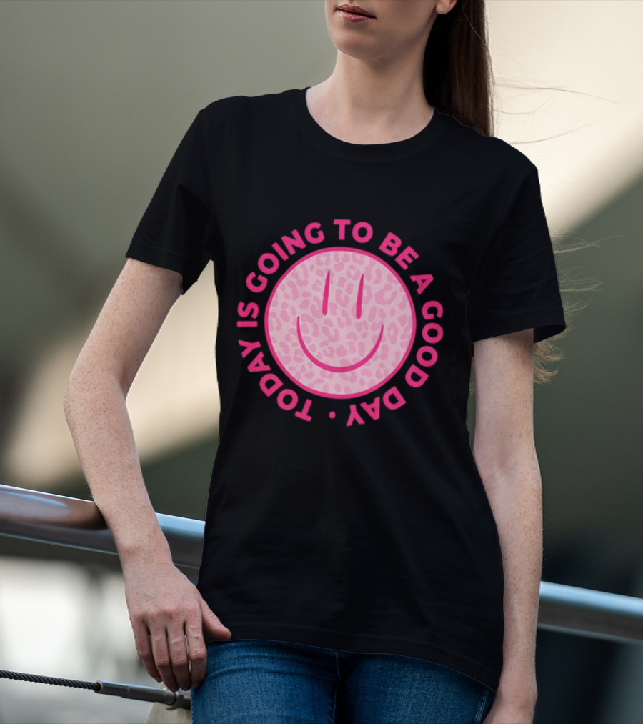 Preppy Pink Leopard Smiley Face Today Is Going To Be A Good Day T-Shirt