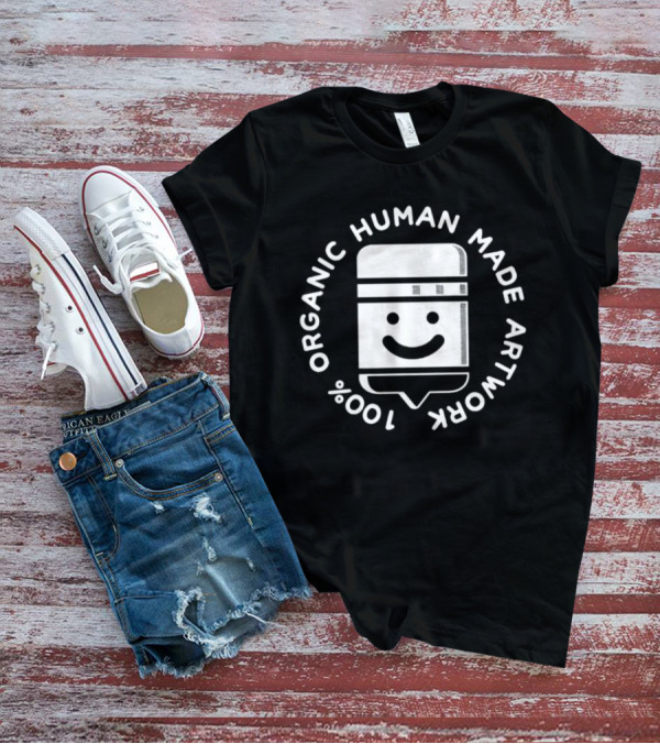 100% Organic Human Made Artwork Smiley Face Badge T-Shirt