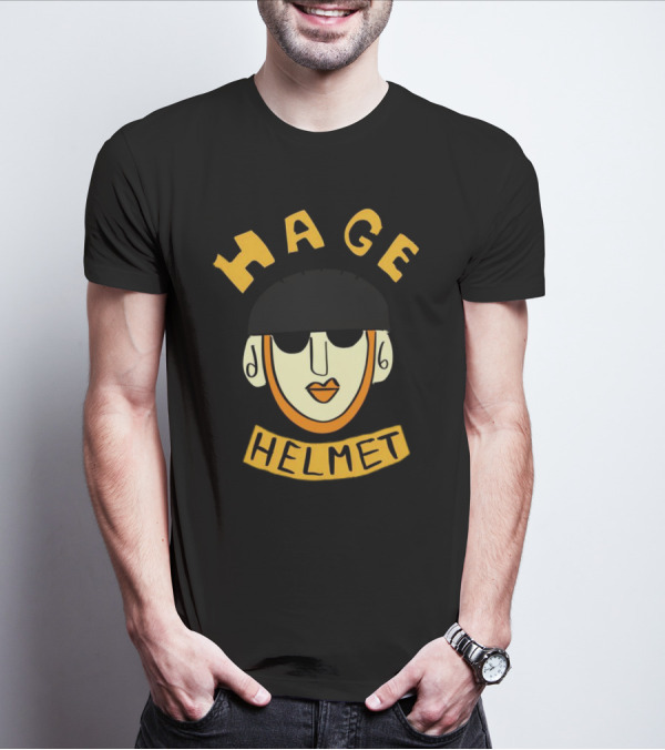 HAGE Helmet Face Black Cap Bold Lettering T-Shirt
