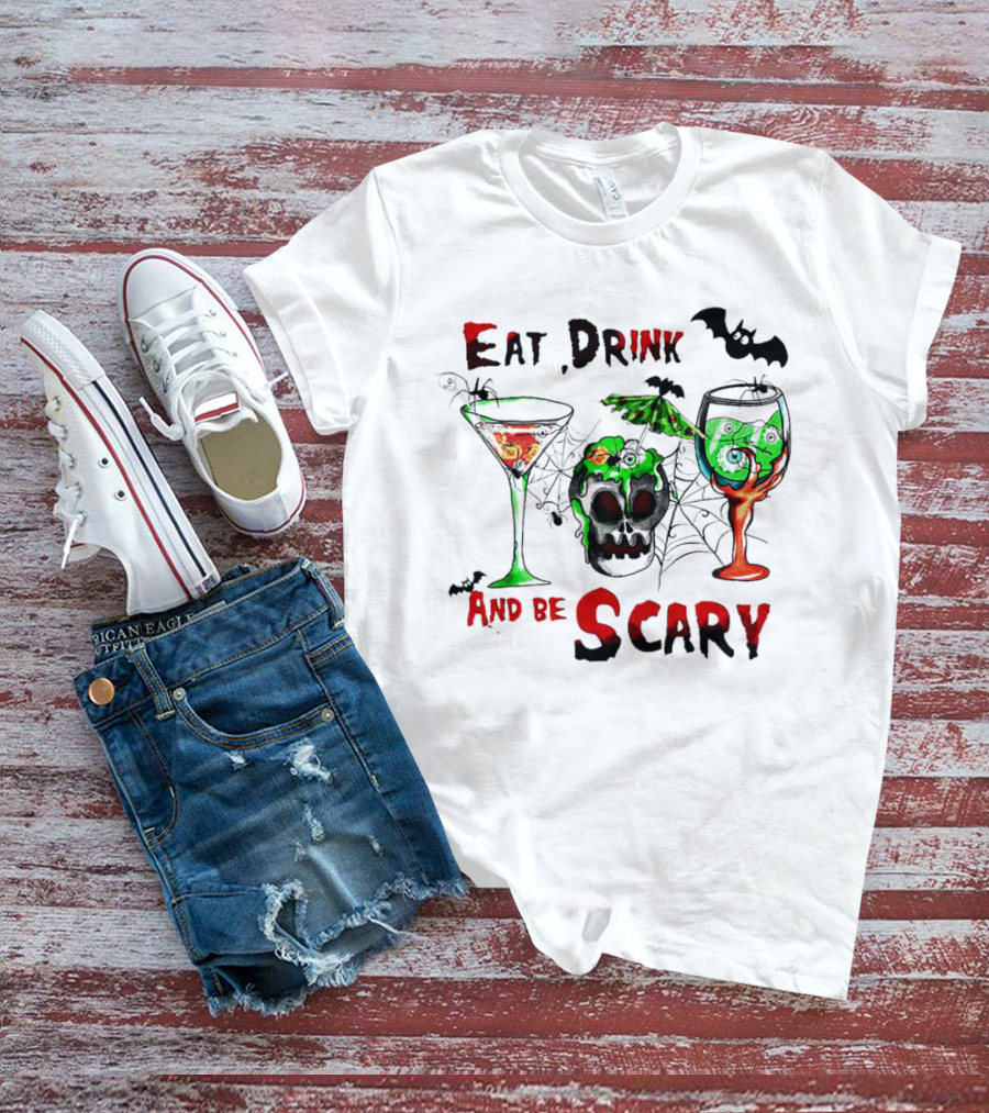 Hocus Pocus Eat Drink And Be Scary Halloween Skull And Bat Cocktails T-Shirt