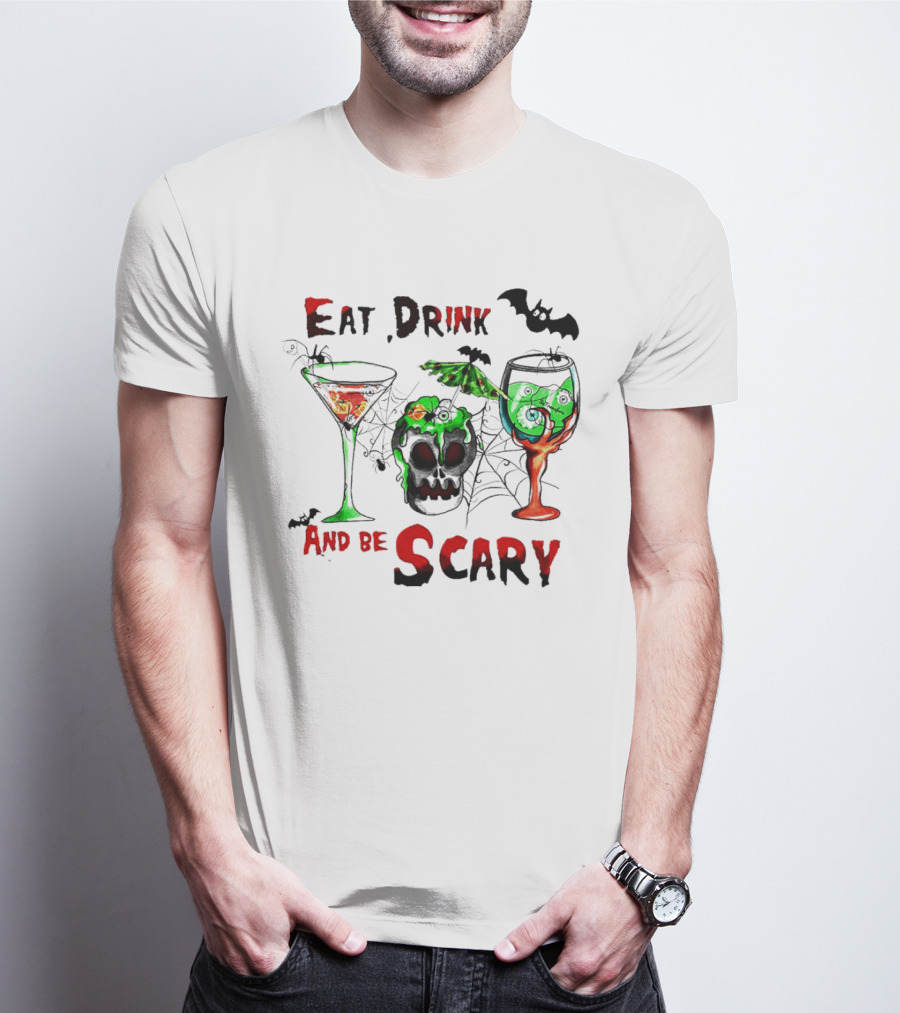 Hocus Pocus Eat Drink And Be Scary Halloween Skull And Bat Cocktails T-Shirt