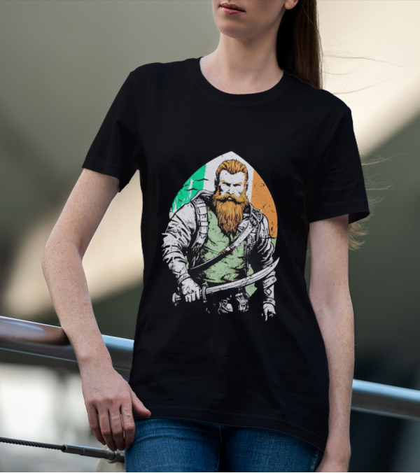 Irish American Pride Warrior With Sword And Flag Background T-Shirt