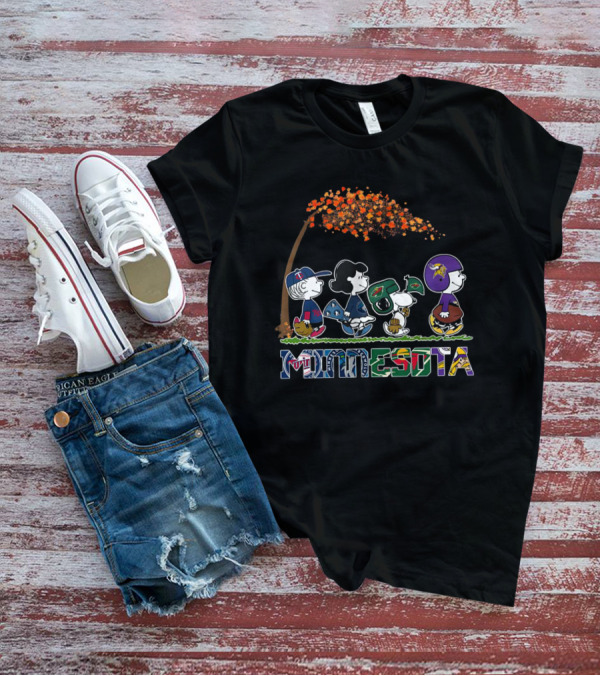 Minnesota Peanuts Characters In Sports Attire Walking Under Autumn Tree T-Shirt