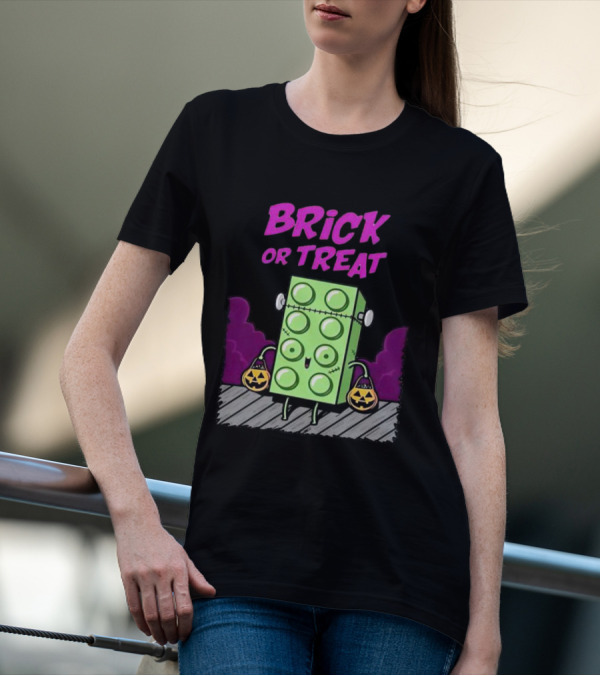 Brick Or Treat Halloween Green Block With Jack-o'-Lanterns Cartoon T-Shirt