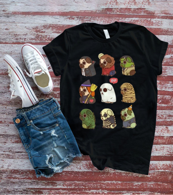 Halloween Puglie Vampire Werewolf Zombie Witch Ghost Mummy Creature Skeleton Clown T-Shirt