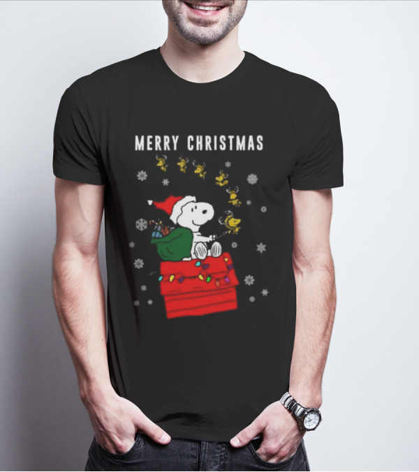 Merry Christmas Snoopy Santa On Doghouse With Reindeer And Snowflakes T-Shirt