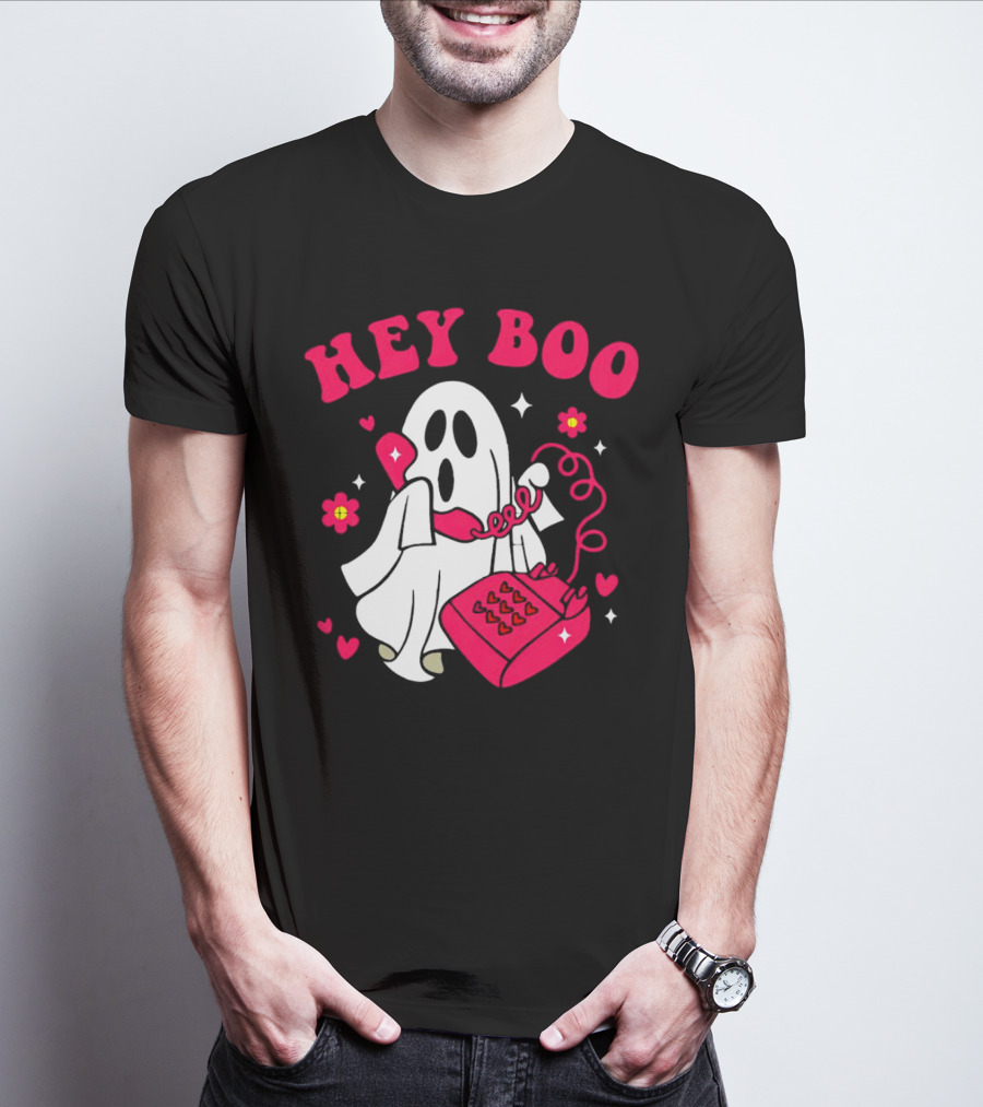 Hey Boo Ghost Talking On Pink Phone With Hearts And Flowers Halloween T-Shirt
