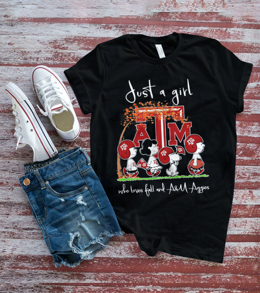 Just A Girl Who Loves Fall And Texas A&M Aggies With Peanuts Characters T-Shirt