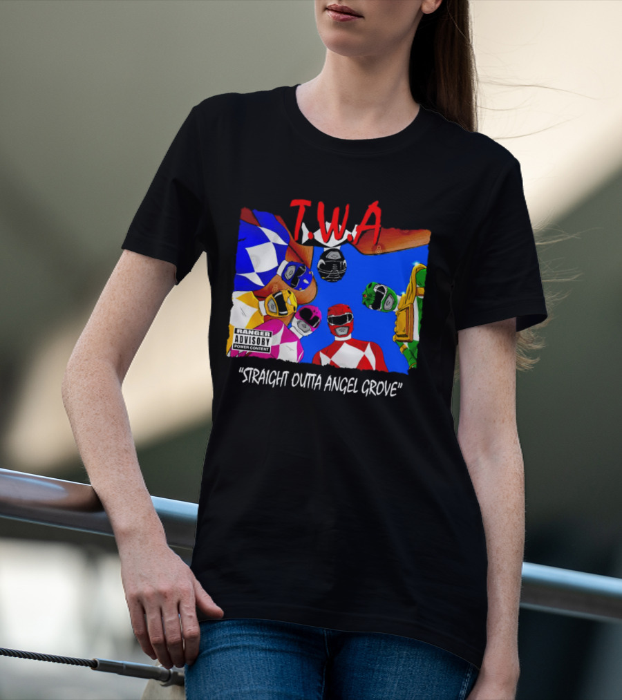 T.W.A Mighty Morphin Power Rangers Straight Outta Angel Grove Ranger Advisory Power Content T-Shirt