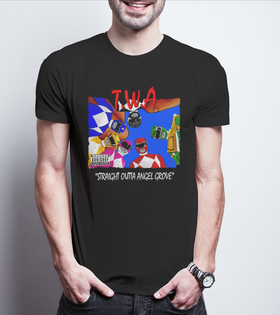 T.W.A Mighty Morphin Power Rangers Straight Outta Angel Grove Ranger Advisory Power Content T-Shirt