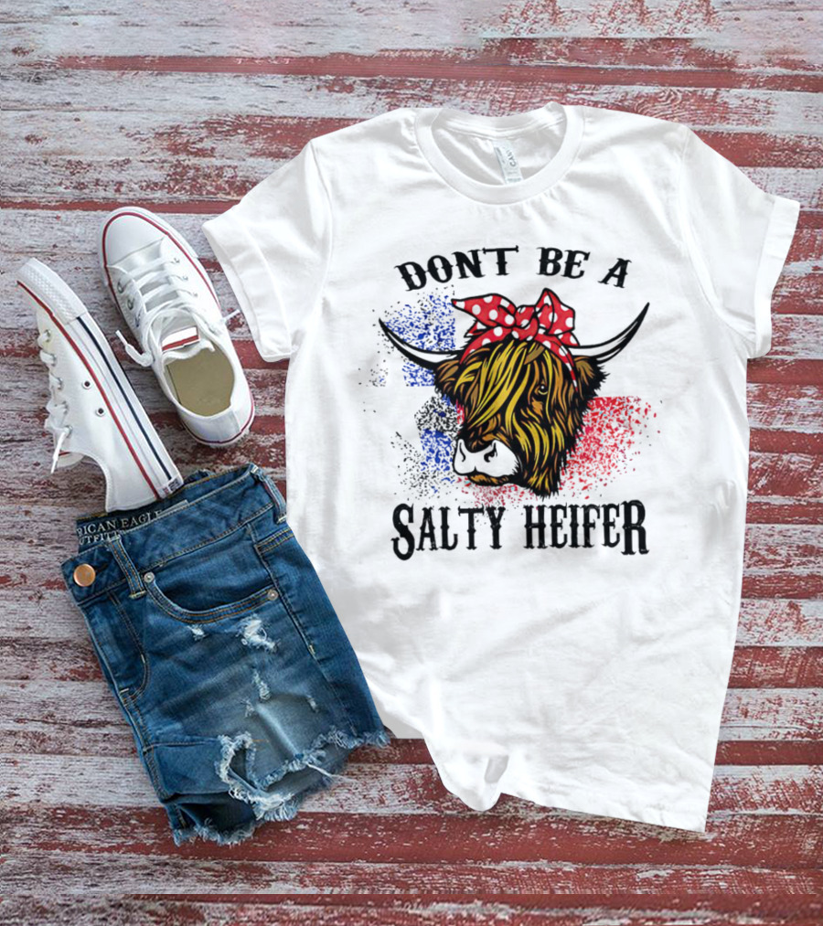 Don't Be A Salty Heifer Highland Cow With American Flag Colors T-Shirt