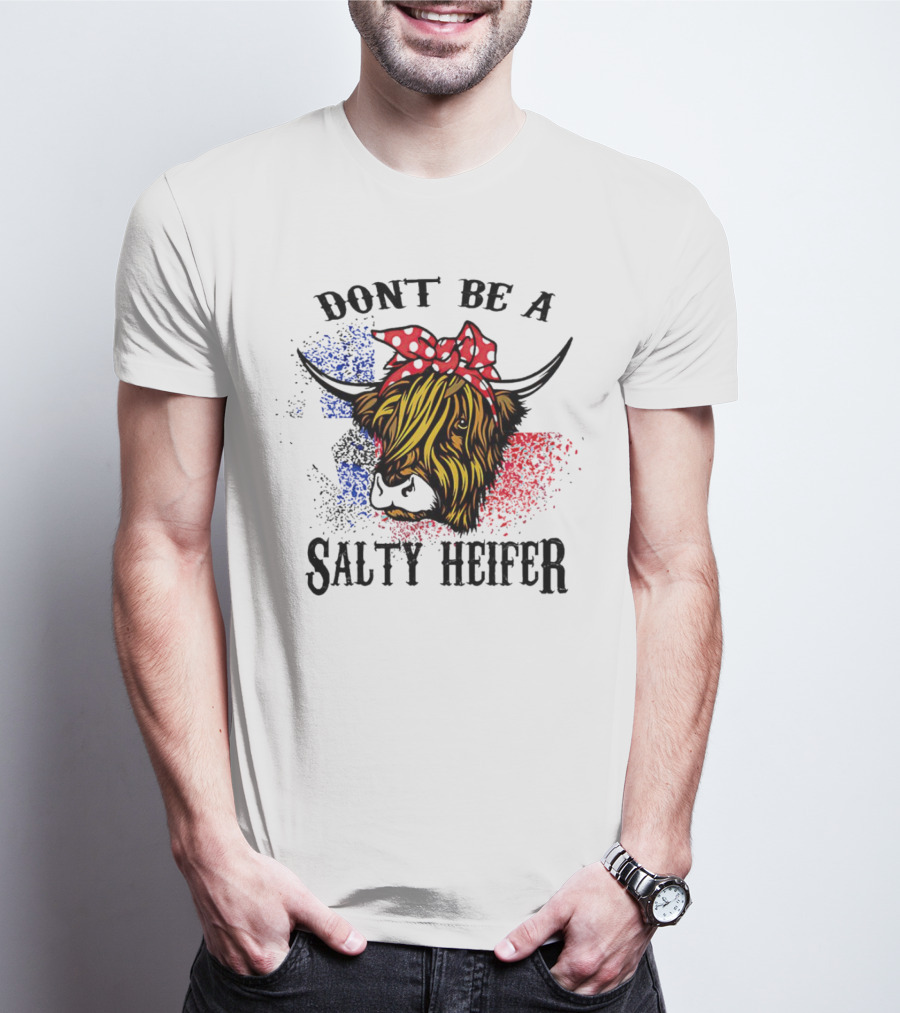 Don't Be A Salty Heifer Highland Cow With American Flag Colors T-Shirt