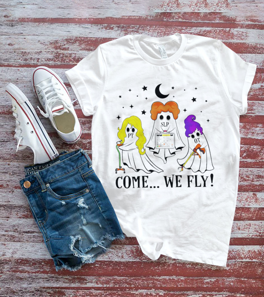 Hocus Pocus Come We Fly PT SLP OT Halloween Ghosts Black Cloaks Moon Stars T-Shirt