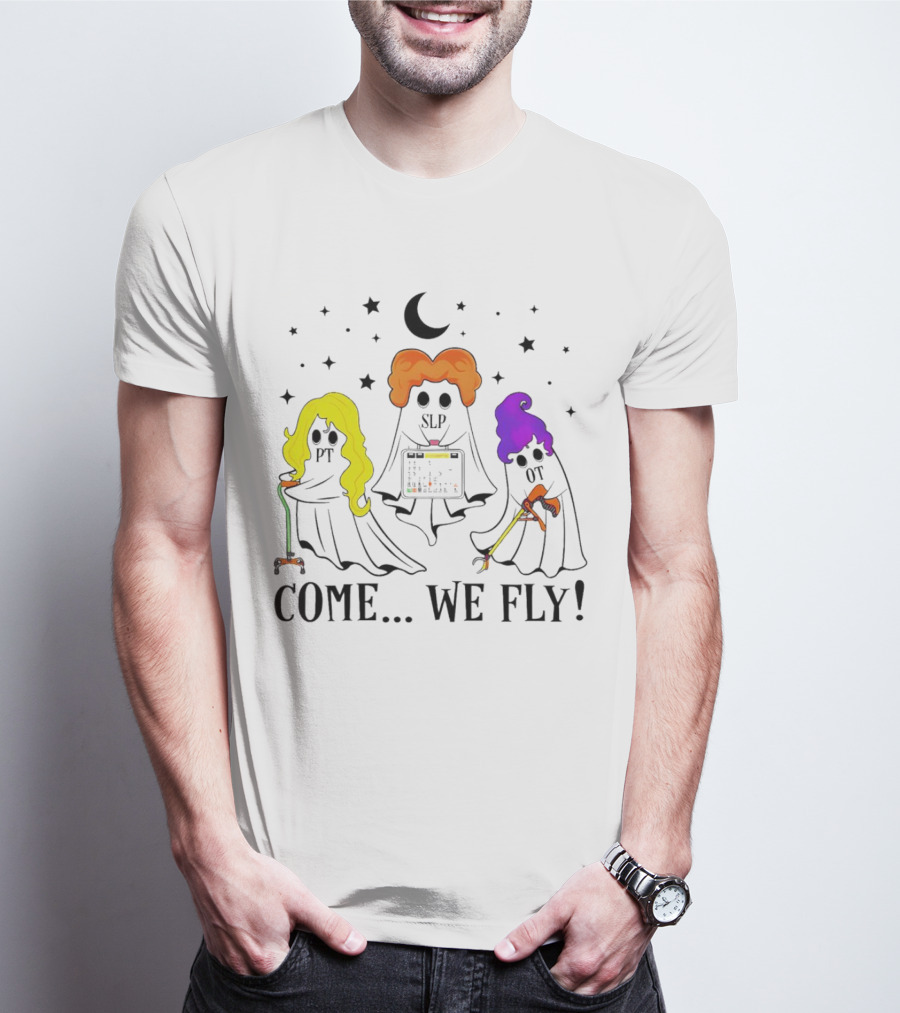 Hocus Pocus Come We Fly PT SLP OT Halloween Ghosts Black Cloaks Moon Stars T-Shirt