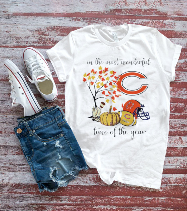 In The Most Wonderful Time Of The Year Chicago Bears Thanksgiving Helmets And Autumn Leaves T-Shirt