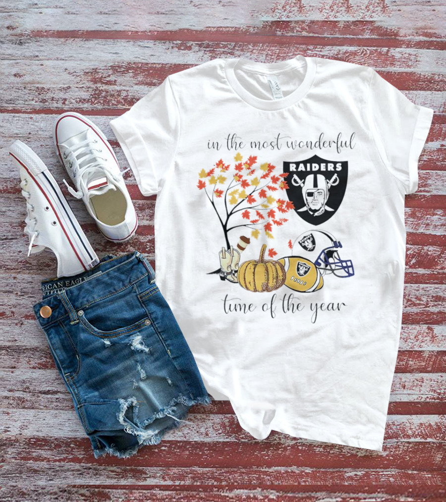 In The Most Wonderful Time Of The Year Raiders Football Thanksgiving Celebration With Autumn Leaves And Pumpkin T-Shirt