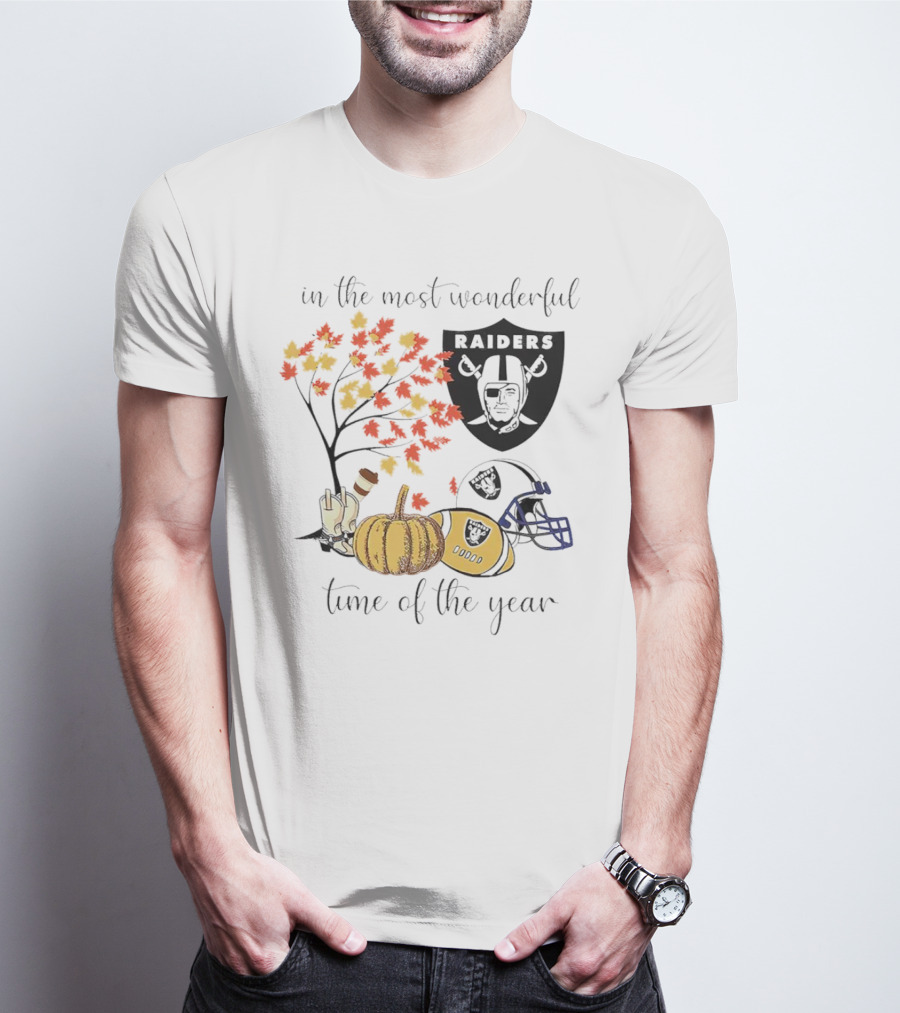 In The Most Wonderful Time Of The Year Raiders Football Thanksgiving Celebration With Autumn Leaves And Pumpkin T-Shirt