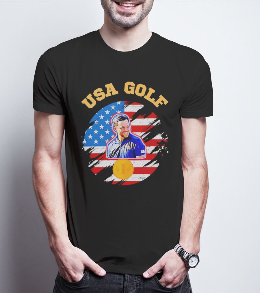 USA Golf Xander Schauffele USA Flag Gold Medal T-Shirt