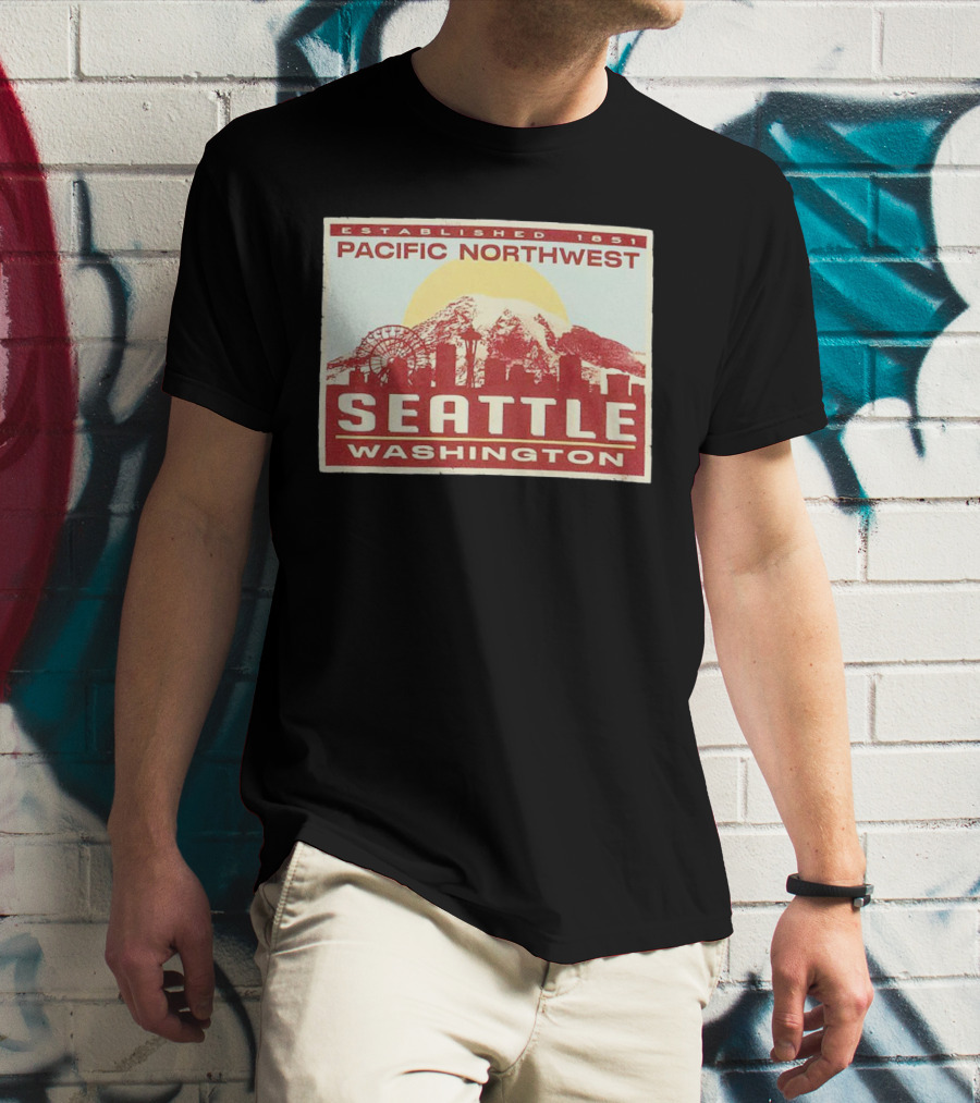 Seattle Pacific Northwest Established 1851 Washington Skyline Ferris Wheel Sun Mountain T-Shirt
