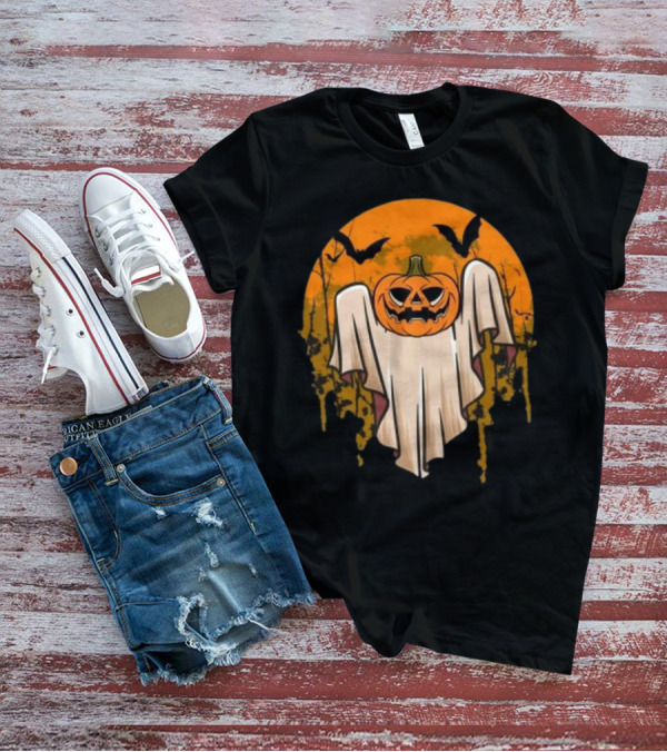 Ghostly Pumpkin Head With Bats And Full Moon T-Shirt