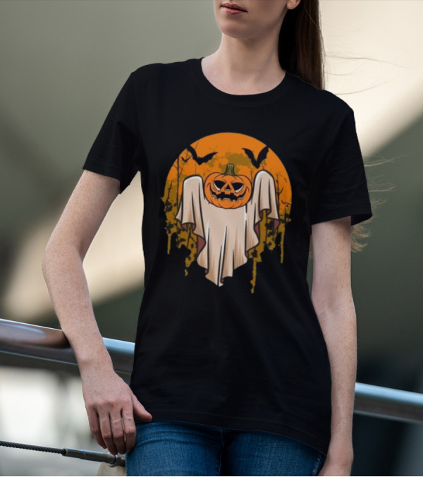 Ghostly Pumpkin Head With Bats And Full Moon T-Shirt