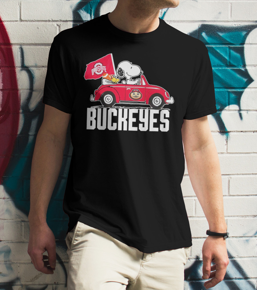 Snoopy And Woodstock Driving Red Car With Ohio State Buckeyes Flag T-Shirt