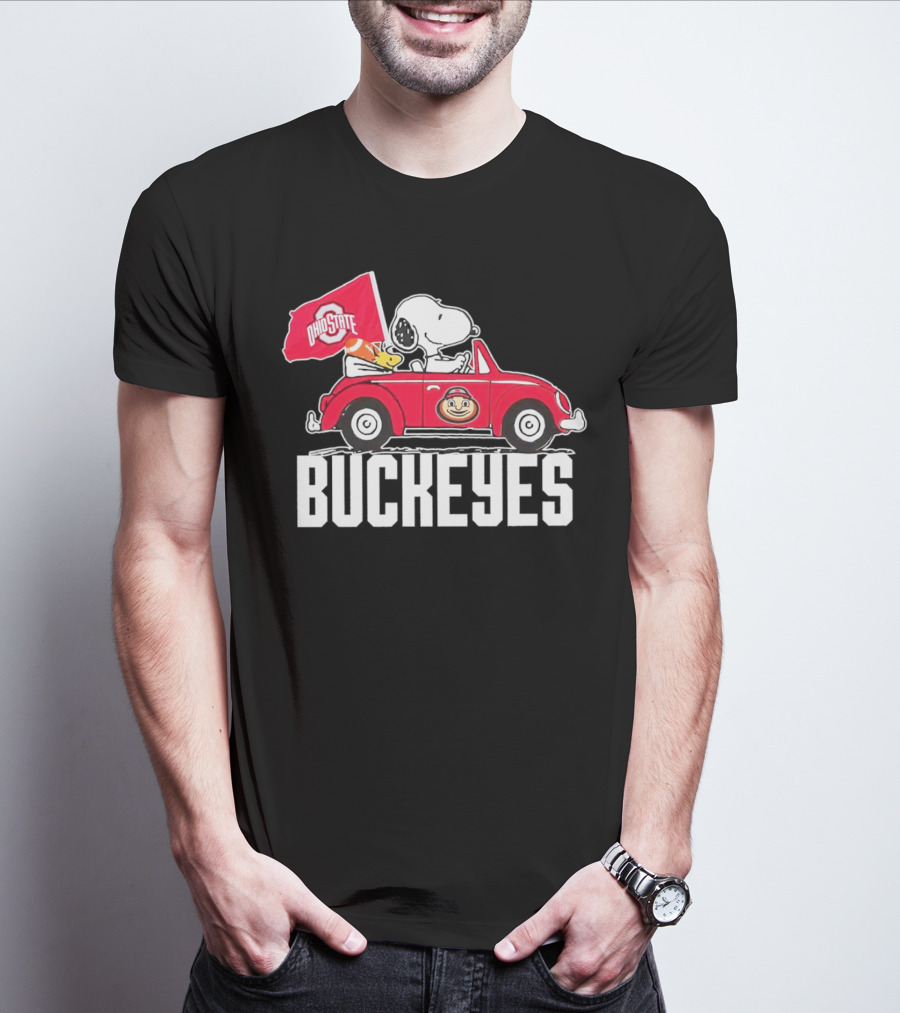 Snoopy And Woodstock Driving Red Car With Ohio State Buckeyes Flag T-Shirt