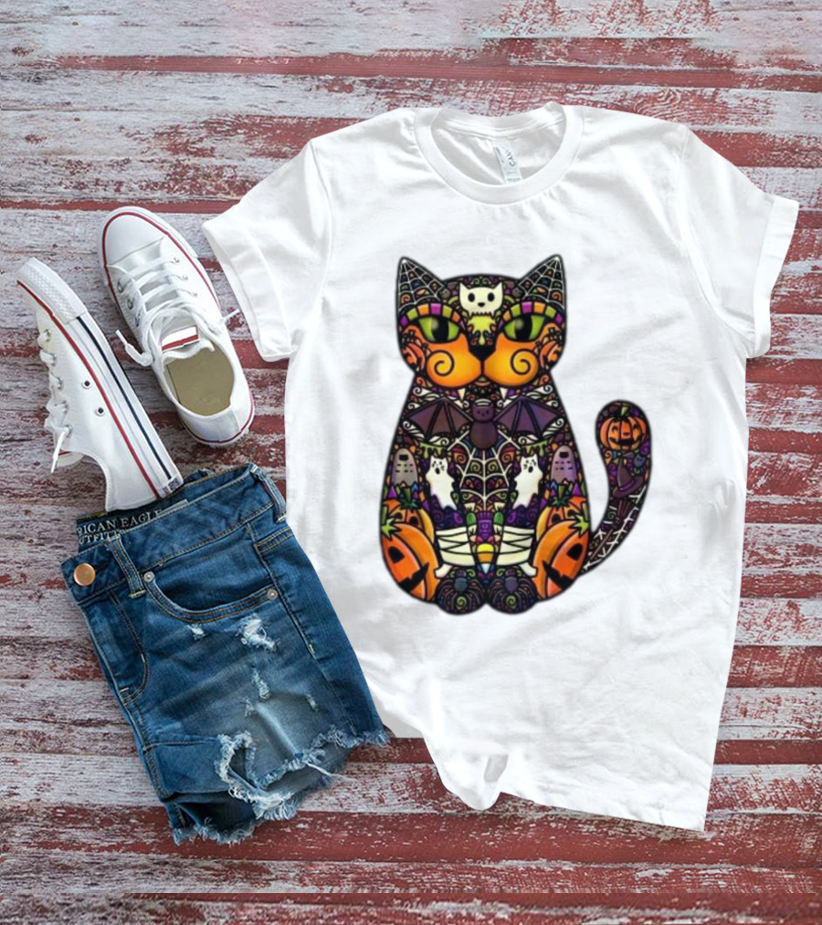 Halloween Cat With Pumpkins Ghosts And Bats T-Shirt
