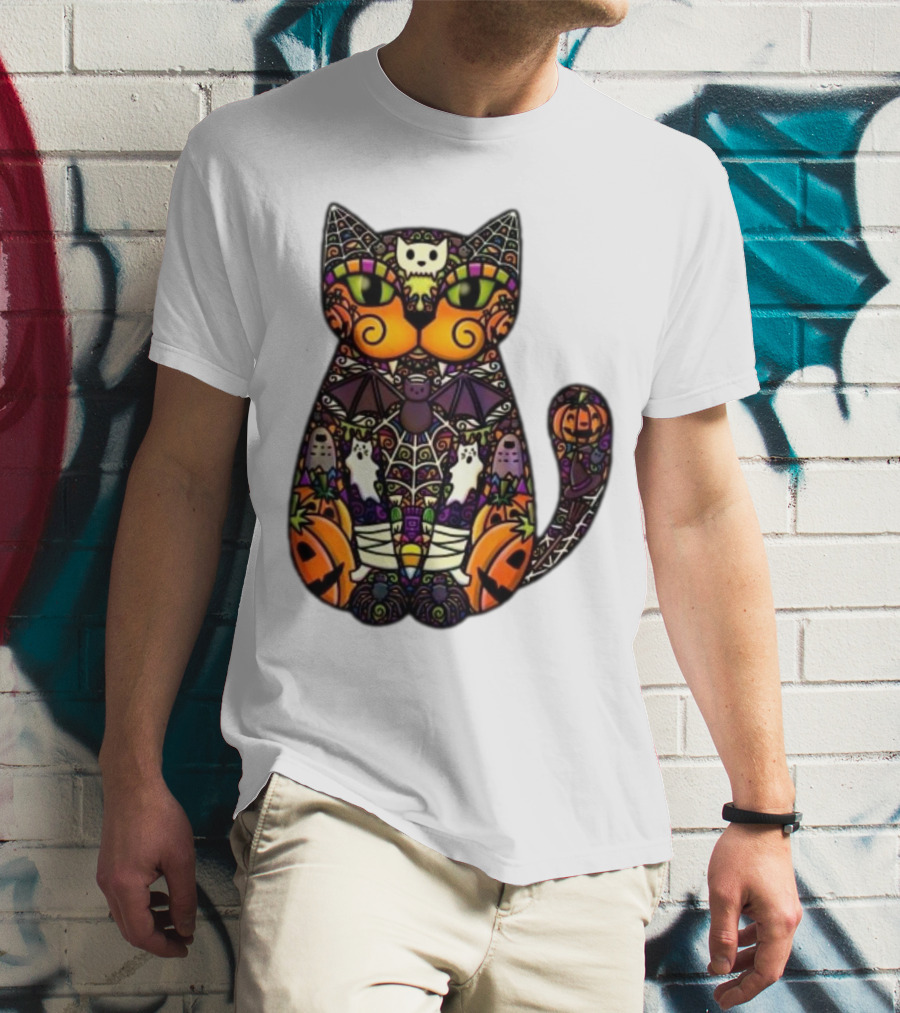Halloween Cat With Pumpkins Ghosts And Bats T-Shirt