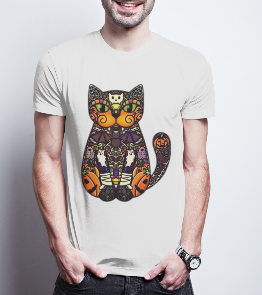 Halloween Cat With Pumpkins Ghosts And Bats T-Shirt