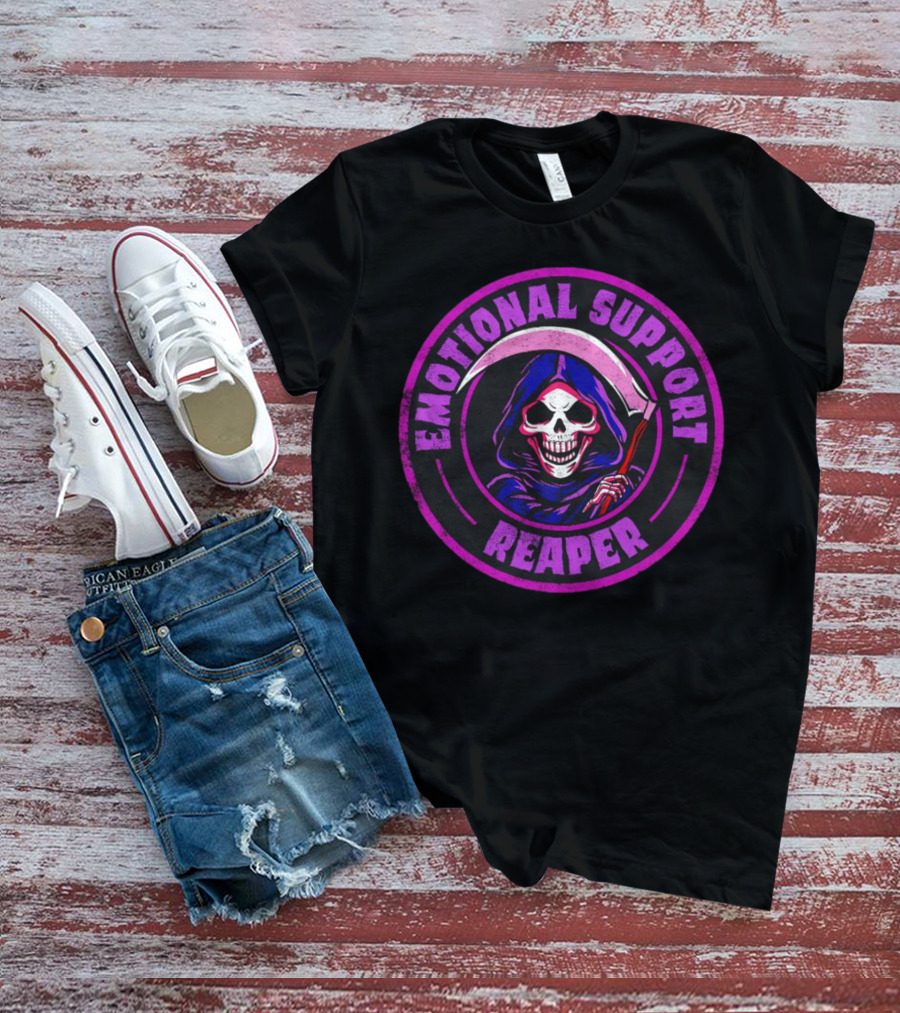 Emotional Support Reaper Skeleton With Scythe In Purple Hood T-Shirt