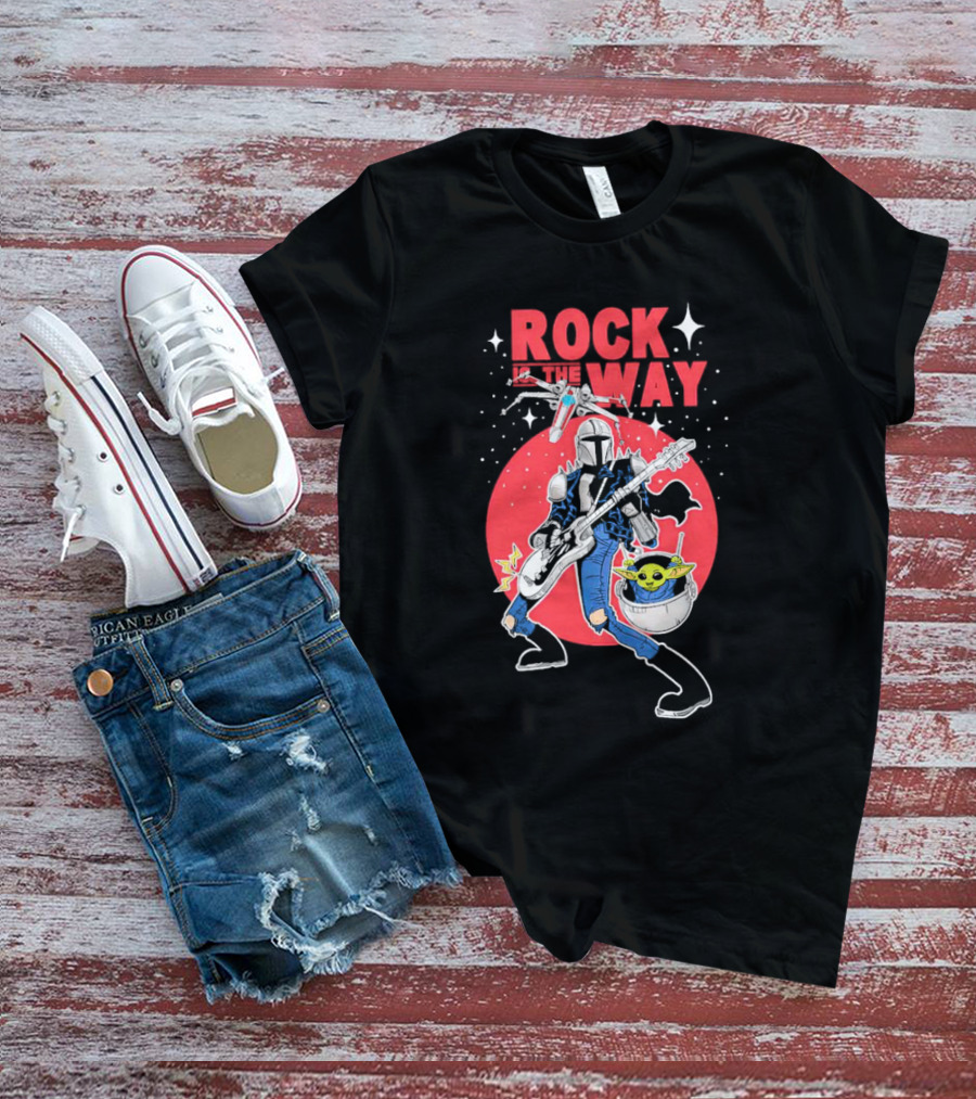 Rock Is The Way Din Djarin And Grogu Playing Guitar In Front Of Red Moon T-Shirt