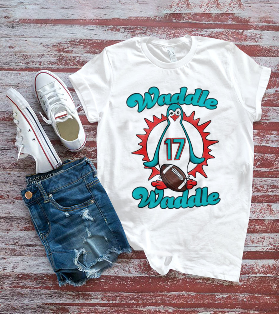 Waddle Waddle 17 Miami Dolphin Football Penguin T-Shirt